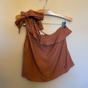 NWT NINE WEST One Shoulder Boho Crinkle Blouse w/Bow & Ruffle Rust Brown Size S